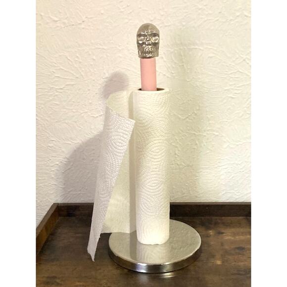 New! Hand-Painted Pink And Silver Skull Paper Towel Holder - Halloween Home - Picture 1 of 8